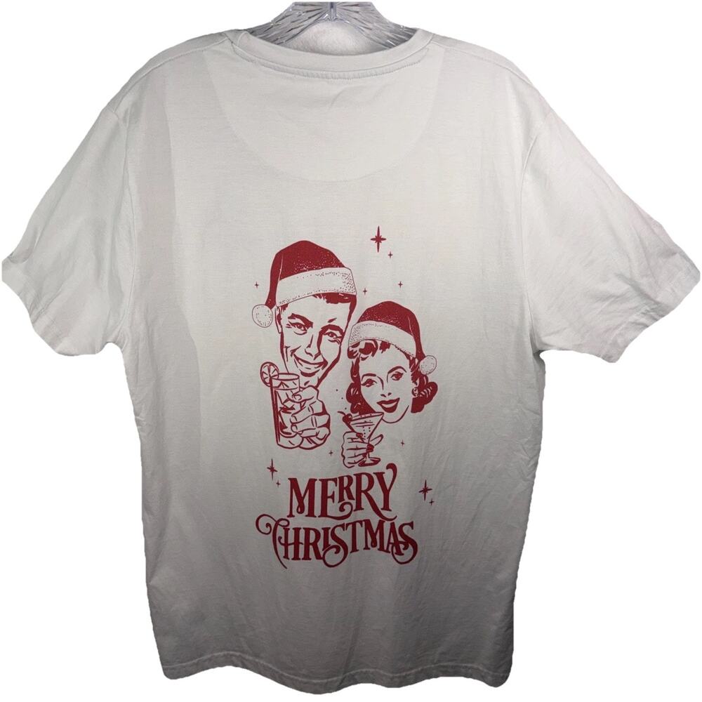 DENIM & FLOWER Ricky Singh  Large White Tee w/Red Vintage Retro Christmas Toast